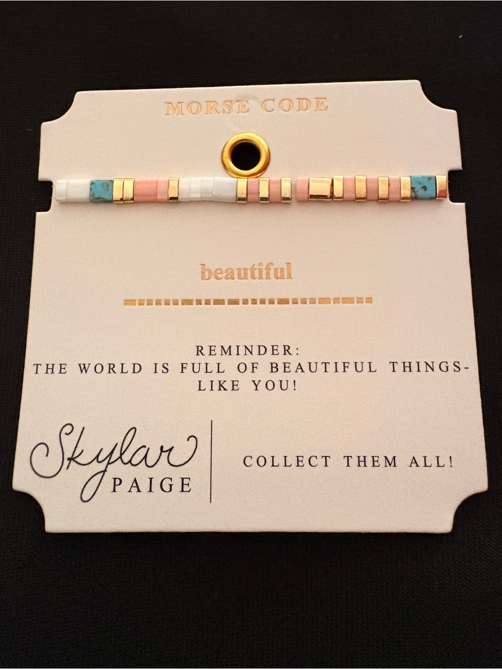 Skylar Paige Morse Code “Beautiful” Beaded Bracelet | Gold, Turquoise & Blush
